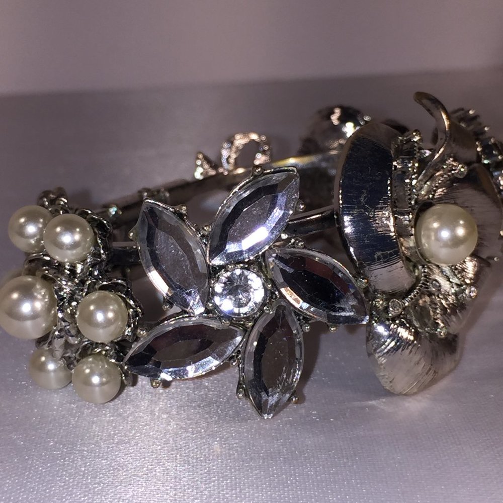 Silver, Rhinestone and Pearl Statement Hinged Bracelet